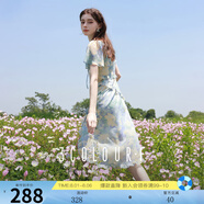 三彩獨醒2025夏季新款荷葉邊印花雪紡裙連衣裙度假風(fēng)長(cháng)裙F 冰川藍花卉 L 165/88A