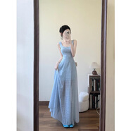 伴夕法式藍(lán)色吊帶連衣裙女夏季2025新款收腰顯瘦高級(jí)感海邊度假長裙 法式藍(lán)色斜紋裙 L 【建議120斤內(nèi)】