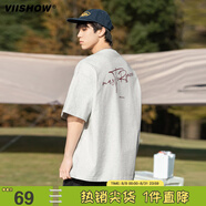 viishow純棉簡約復古字母印花短袖夏季高街潮牌休閑寬松體恤透氣T恤男 白灰 L