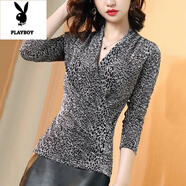 花花公子（PLAYBOY）時尚洋氣V領(lǐng)印花T恤女裝新款韓版潮豹紋長袖修身上衣打底襯衫女 銀色常規(guī)款 舒適透氣遮肉顯瘦 M 80-100