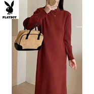 花花公子（PLAYBOY）新品感紐扣收腰長款加厚毛衣裙女秋冬季大衣打底針織連衣裙奶茶色 紅色-旗艦款 S _建議80-95斤