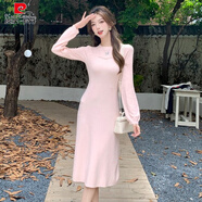 皮爾卡丹（pierre cardin）2025新款法式奶乖長(cháng)袖針織連衣裙女甜美粉色打底包臀毛衣裙秋 粉色 S