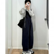 早春減齡背帶褲一整套女2025新款休閑連帽條紋上衣工裝連體褲女潮 藏青色兩件套 L (建議100-120斤)