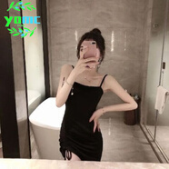 YOMC法式溫柔風(fēng)泡泡袖連衣裙夏季2024新款氣質(zhì)方領(lǐng)高腰修身碎花裙女潮 黑色(吊帶裙) S _80-90斤