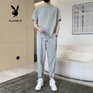 花花公子潮牌短袖t恤男夏季時尚衣服長褲男裝兩件套仿亞棉麻休閑運動套裝 CJ8907灰色 L （115-130斤）