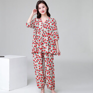 媽媽棉綢睡衣女中老年人造棉夏季綿綢七分袖套裝兩件套家居服加大 卡其草莓 2XL 建議90-125斤