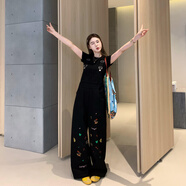 布舒瑤重工刺繡牛仔背帶褲女春夏新款減齡可愛(ài)顯瘦黑色直筒休閑闊腿長(zhǎng)褲 黑色現(xiàn)貨定制版 XS