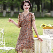 GOYN大碼網(wǎng)紗印花連衣裙夏裝新款女裝胖媽媽短袖大擺遮肚顯瘦V領(lǐng)A字裙 花式網(wǎng)紗裙 L _建議90-1斤