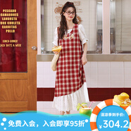 B.Duck小黃鴨短袖連衣裙女中長(zhǎng)款2025夏季新款紅色格紋拼接連身裙 紅色 L