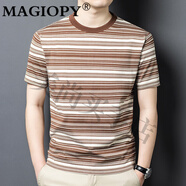 MAGIOPY奢侈高檔品牌男裝休閑T恤男夏季新款中年潮流百搭條紋圓領體恤男 咖色 S 165