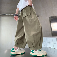 細仔碼頭男童棉麻哈倫褲夏季薄款中大兒童燈籠褲寬松九分防蚊褲嘻哈街舞潮 軍綠色 120