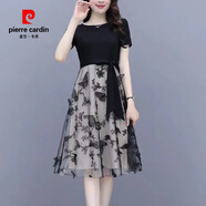 皮爾卡丹（pierre cardin）刺繡網(wǎng)紗假兩件連衣裙女短袖2025夏新款名媛氣質(zhì)雪紡仙女裙 圖片色 M 建議90-100斤