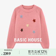 Basic House/百家好冬季新款刺繡花朵圓領(lǐng)毛衣慵懶插肩袖套頭上衣 玫紅色 L