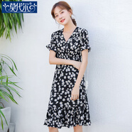 莫代爾碎花裙連衣裙女裝2025秋季新款女潮仙女裙韓版中裙顯瘦斜領(lǐng)邊雪紡 小雛菊 黑色 M 建議80-95斤