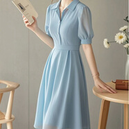 羅蒙輕奢綢緞襯衫連衣裙女雪紡夏季法式赫本風(fēng)氣質(zhì)收腰藍色大方高級感 藍色連衣裙 S 建議80--95斤