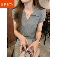 紅蜻蜓polo領(lǐng)設(shè)計感正肩上衣女裝2025年夏季新款針織T恤女短袖超薄線衫 灰色 均碼 建議80-125斤