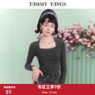 糖力【商場同款】春秋季新款長袖方領(lǐng)T恤女短款顯瘦打底衫上衣 灰色 M