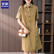 羅蒙（ROMON）連衣裙女夏季2025新款女裝寬松中長(zhǎng)款休閑襯衫裙短袖氣質(zhì)大碼裙子 姜黃色 M 【90斤-105斤】