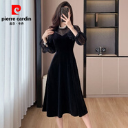 皮爾卡丹（pierre cardin）韓國chic秋冬感氣質(zhì)拼接蕾絲長(cháng)袖高腰金絲絨名媛時(shí)尚連衣裙女 黑色 S