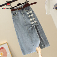 AEMAPE牛仔a字半身裙2025春夏季高腰釘珠顯瘦開(kāi)叉包臀裙中長(cháng)款牛仔裙子 藍色【配腰帶】 M 建議95-105斤