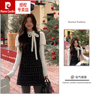 皮爾卡丹（pierre cardin）套裝女2025冬季新款小香風(fēng)毛呢背心裙顯瘦連衣裙泡泡袖襯衫上衣潮 設計感上衣+背心裙 兩件套 S 81-90斤