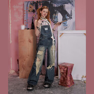 UNIFREE美式復古潮酷破洞水洗做舊直筒闊腿牛仔背帶褲 M 