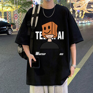 百鵲亭港風(fēng)純棉短袖T恤男2025夏季新款ins潮牌美式高街寬松半袖體恤 黑色 XL