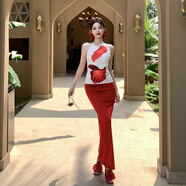 以歐（YIOU）海邊度假沙灘裙性感露背掛脖上衣欲紅色半身裙度假風(fēng)套裝女7070 圖片色 L