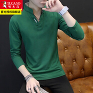 啄木鳥(niǎo)長(cháng)袖T恤男士裝春秋季款衛衣純色修身V領(lǐng)潮流內搭衣服打底衫 T02綠色常規 XL