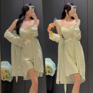 絲可蕊吊帶睡裙女春夏外套帶胸墊可外穿純欲睡衣蕾絲性感高級家居服套裝 薄荷綠（短裙+杯墊+外套） L （95-110斤）