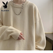 花花公子（PLAYBOY）冬季加厚毛衣男日系潮牌慵懶風(fēng)寬松圓領(lǐng)純色內(nèi)搭羊毛衫百搭針織衫 杏色 高質(zhì)量 XL