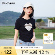 朵以（Duoyi）2025夏季新款美式復(fù)古印花T恤修身百搭抽褶收腰小個子短款上衣女 黑色 M