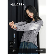 闊色（kuose）蝴蝶結(jié)印花薄款長袖t恤夏季新款女通勤上衣寬松打底衫秋 灰色 L