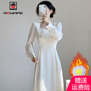 AEMAPE新中式國(guó)風(fēng)改良旗袍連衣裙女2025春秋季新款法式方領(lǐng)裙子女裝杏色加絨L