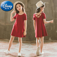 迪士尼（Disney）純棉女童連衣裙夏裝2024新款童裝中大童純色兒童裙子露背裙公 漏背裙酒紅色 90 [建議身高80左右]
