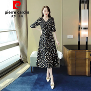 皮爾卡丹（pierre cardin）波點大碼300斤女裝中長款裙子2025夏季新款時尚收腰遮肚子連衣裙 黑色 XL 建議115斤-125斤