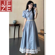 JEZE大碼胖mm蕾絲花邊法式拼接連衣裙女夏季新款感收腰顯瘦裙子 連衣裙【贈送腰帶】【z】 S 建議80-90斤