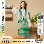 兩三事法式油畫連衣裙女2025春季新款綠色中長款裙子梵高不枉人間 綠色 L