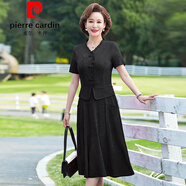 皮爾卡丹（pierre cardin）夏天連衣裙媽媽婚宴禮服旗袍氣質(zhì)高雅假兩件短袖連衣裙顯瘦遮肉薄 黑色今年流行的輕奢品牌 XL 建議90-105斤