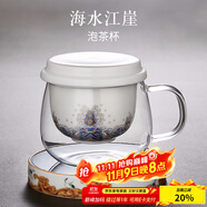 容山堂陶瓷玻璃泡茶杯綠茶杯玻璃杯茶水分離水杯保溫恒溫杯墊中式茶具 海水江崖玻璃茶杯+瑞鶴圖白底