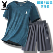花花公子短袖t恤涼感夏季冰絲速干運(yùn)動(dòng)服套裝男一整套寬松圓領(lǐng)跑步服大碼 【花花公子】迷彩藍(lán)T恤+灰色短褲 XL 【建議100-120斤】