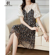 clotho Rennie品牌女裝蕾絲連衣裙女夏季2025新款時尚減齡顯瘦碎花泡泡袖A字裙 花色 L