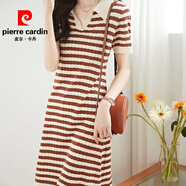 皮爾卡丹（pierre cardin）港風(fēng)復古撞色條紋翻領(lǐng)中長(cháng)款連衣裙夏裝新款休閑通勤顯瘦T恤裙子 淺棕色 2XL (125-140)