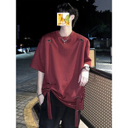 POUM短袖t恤男夏季新款寬松休閑男生體恤可調節綁帶設計感男裝上衣服 NJN-CC11酒紅色 XL