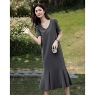 德瑪納【溫柔云朵棉】夏季松弛感V領(lǐng)寬松拼片下擺針織中長(cháng)直筒女連衣裙