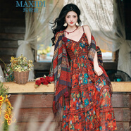 瑪希迪2025新品連衣裙夏季雪紡民族風(fēng)度假吊帶連衣裙收腰顯瘦文藝中長(cháng)裙 吊帶裙+披肩+飄帶 L