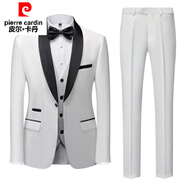 皮爾卡丹（pierre cardin）西服男套裝修身休閑英倫職業(yè)裝小西裝純色外套新郎結婚禮服六件套 西服6件套白色 175/L 推薦120-135斤