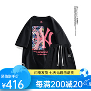 珂梵圖it.new聯(lián)名品牌男士T恤夏季新款短袖體恤衫寬松時(shí)尚印花上衣圓領(lǐng) 黑色+黑色短褲 S 均碼
