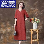 羅蒙（ROMON）雙面龜紋夏季香云紗連衣裙五分袖大碼真絲袍子高端媽媽裙子新款 【雙面穿】紅色主面 7XL 185-200斤