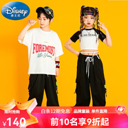 迪士尼（Disney）爵士舞服裝女童小女孩秋演出服黑白短袖純棉練功套裝男女兒童街舞 女款白短袖+黑工裝褲 110 cm